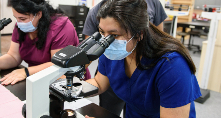 female student looking through microscope