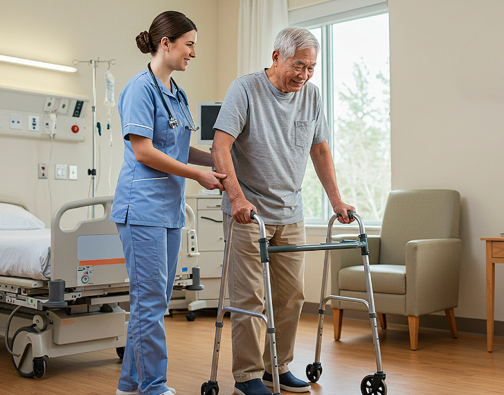 female healthcare worker assisting elderly patient with a walker