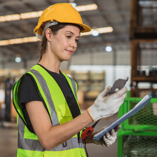 Woman in coveralls writing at a plumbing workbench with tools and pipe fittings.