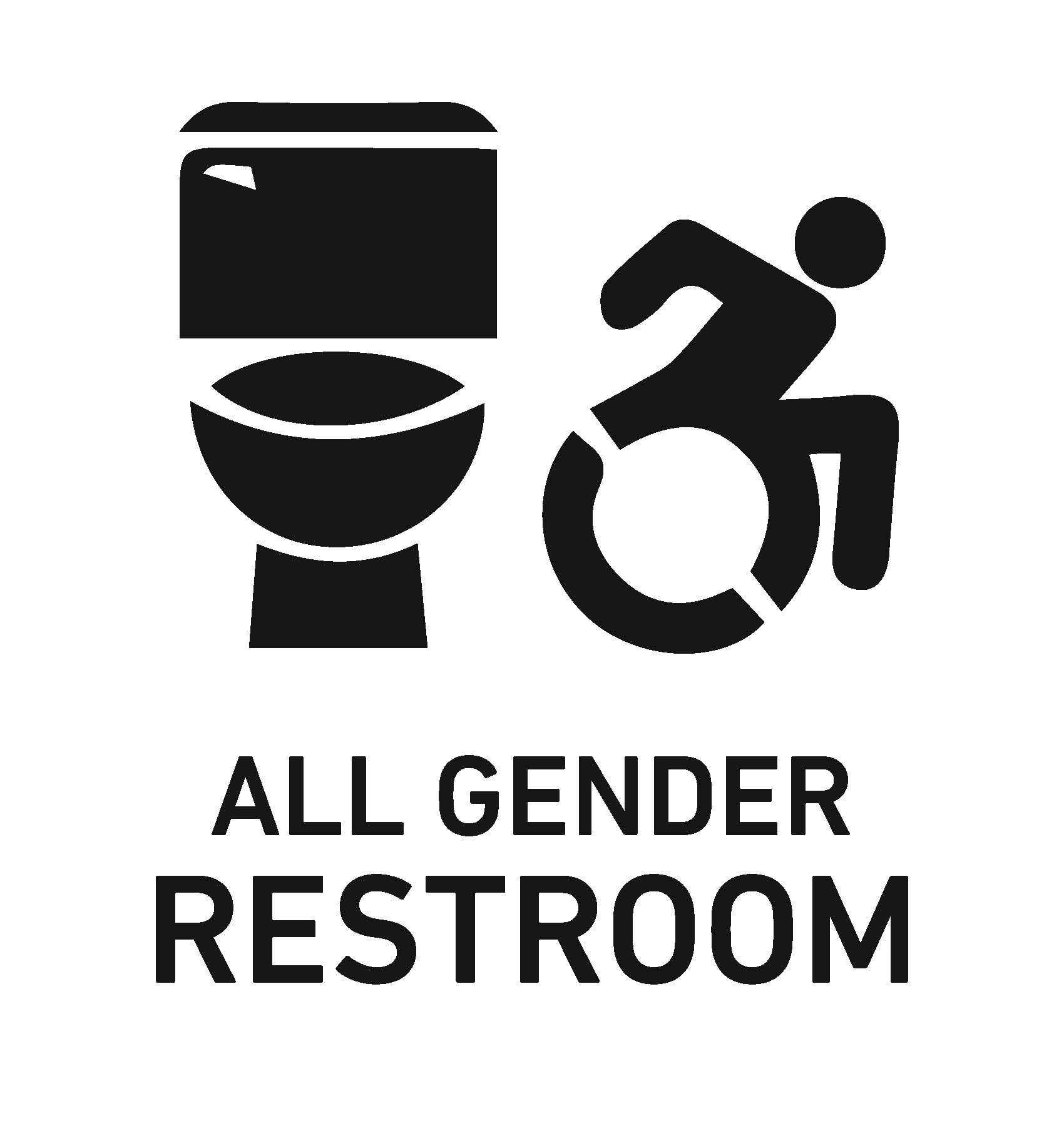 toilet and person in wheelchair, all gender restroom