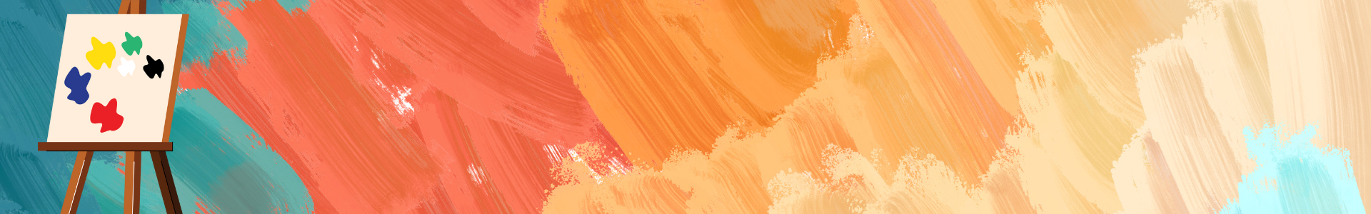 Colorful abstract background with brushstrokes of orange, teal, yellow, and blue, featuring a painter’s easel with a canvas showing paint splotches