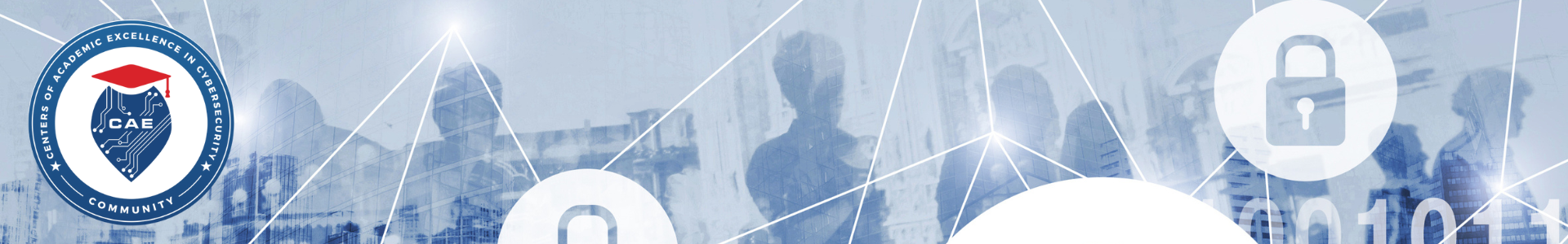 Circular logo for Centers of Academic Excellence in Cybersecurity Community. Features a blue shield with white circuit lines, the letters “CAE” in the center, and a red graduation cap on top. Surrounded by a white ring with the text “Centers of Academic Excellence in Cybersecurity Community.”