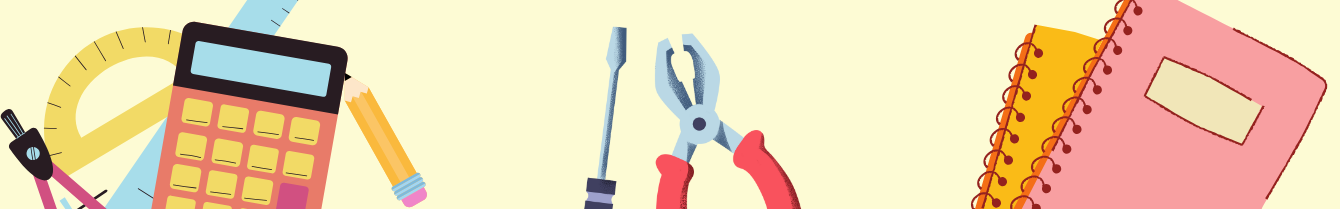 calculator, protractor, pencil, notebooks, tools and other school supplies