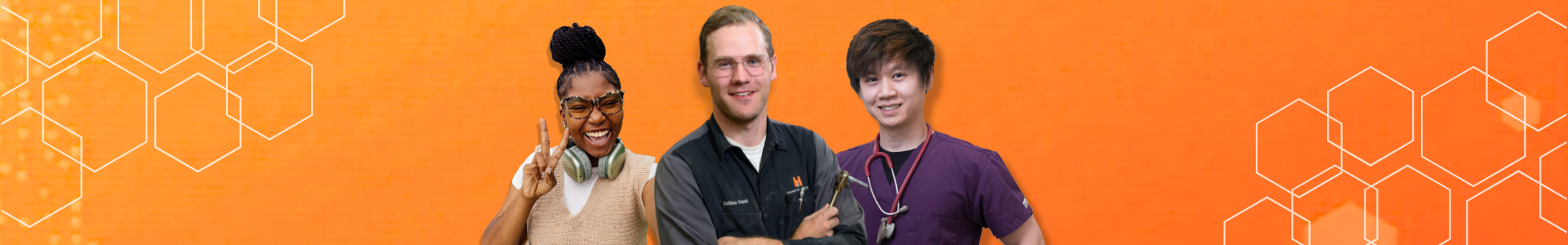 three students in front of orange background with white hexagons