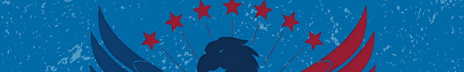 Stylized blue and red eagle graphic with stars above on a textured blue background