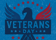 Stylized blue and red eagle graphic with stars above on a textured blue background