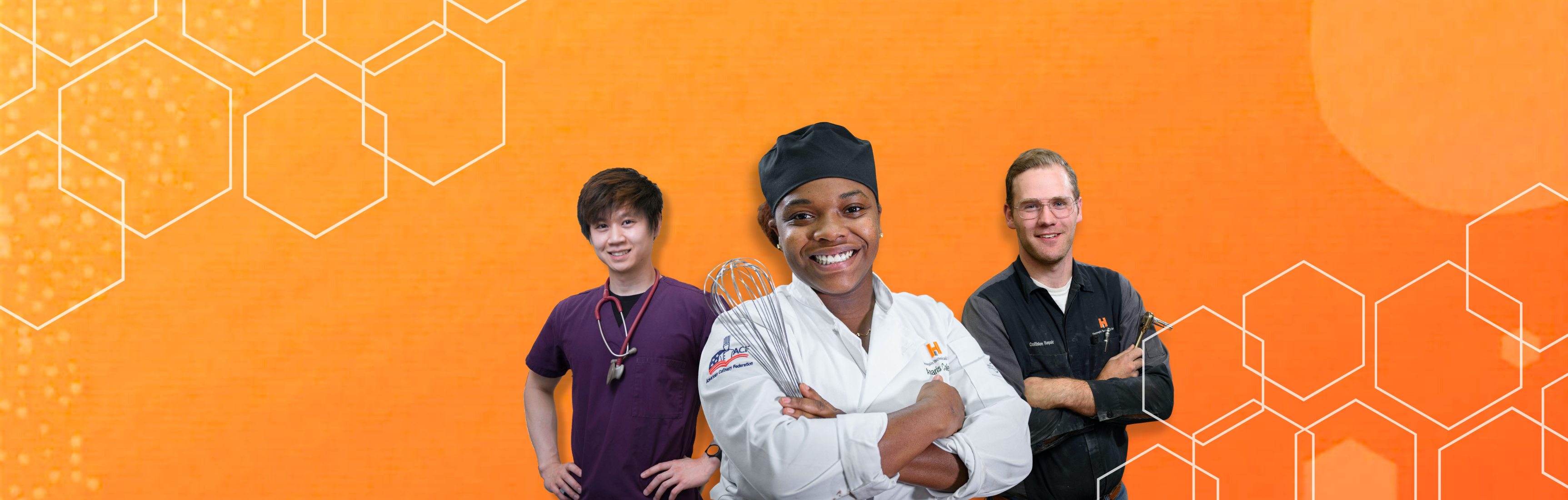 three students against an orange background with hexagon shapes