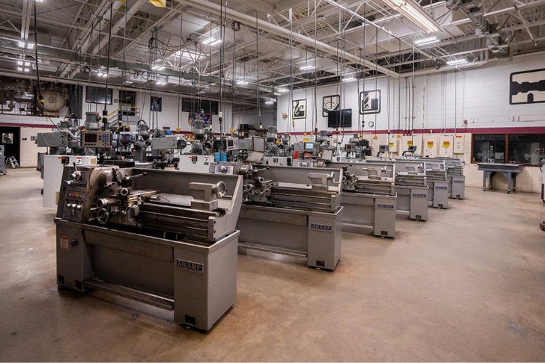 Manufacturing machinery displayed in a classroom lab setting.