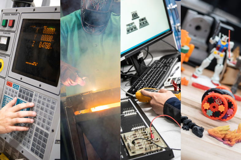 Photographic montage showing hands working on a control Board, a person welding, hands manipulating electronics devices, and items made with a 3d printer.