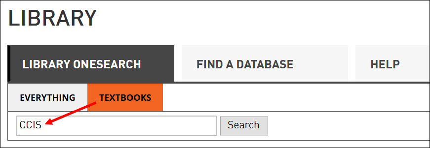 Textbook search in library Onesearch (textbook tab selected, CCIS typed in search box)